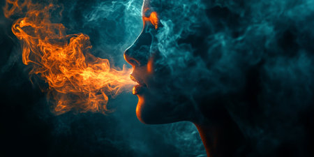 Profile Of Person With Smoke And Fire Visual, Fantasy, Surreal Portrait, Digital Art Illustration.の素材