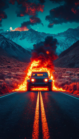 Burning car engulfed in flames on a desolate road with a mountainous backdrop at sunset.の素材