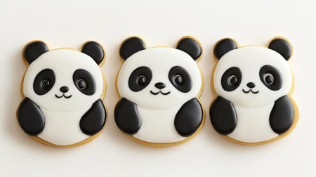 Three Cute Panda Bear Face Shaped Cookies with Black and White Icing on White Backgroundの素材