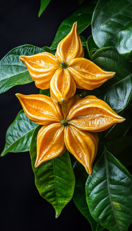 Two Vibrant Yellow Starfruit Blossoms in Full Bloom on Leafy Branch, Isolated on Black Backgroundの素材