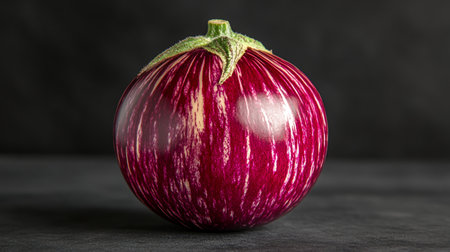 Round, Vibrant Purple and White Stripes Eggplant Isolated on Black, Culinary Studio Shotの素材