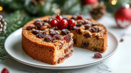Festive Fruitcake Slice with Dried Cranberries, Nuts, and Holiday Garnish on White Plateの素材