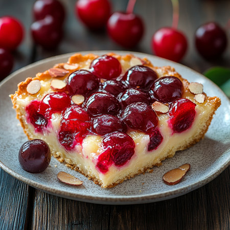 Slice of Cherry Almond Cake on White Plate, Garnished with Fresh Cherries and Sliced Almondsの素材