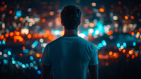 Man at Music Festival, Blurred Stage Lights, Concert Experience, Nightlife Backgroundの素材