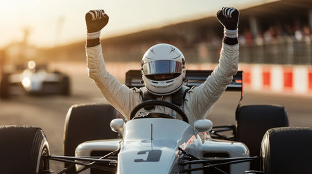 Exultant Race Car Driver, Arms Raised in Victory, Celebrates Championship Win at High-Speed Raceの素材