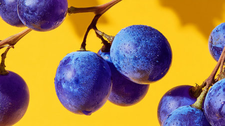 Close-up of Vibrant Purple Grapes on a Vine, Isolated Against a Vivid Yellow Backgroundの素材