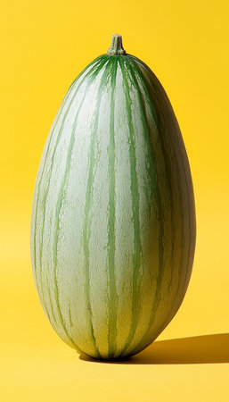 Fresh, Whole Christmas Melon Isolated on Yellow Background, Light Green and White Stripesの素材
