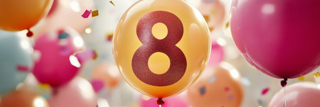 Golden Number 8 Balloon For 8th Birthday Celebration, Surrounded By Colorful Festive Balloonsの素材
