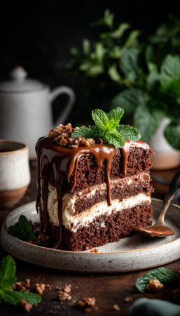 Decadent Chocolate Layer Cake Slice with Chocolate Ganache Drizzle, Nuts, and Mint on White Plateの素材