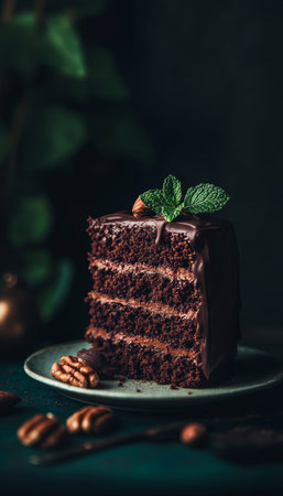 Slice of Delicious Chocolate Layer Cake with Nuts, Chocolate Drizzle. and Mint on a White Plate,の素材