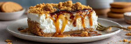 Slice of No-Bake Caramel Biscuit Cheesecake Dessert on white plate against cozy kitchen backgroundの素材