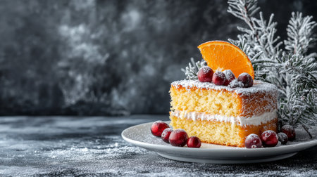 Slice of Cranberry Orange Cake on White Plate with Cranberries, Icing Sugar, and Winter Decorの素材