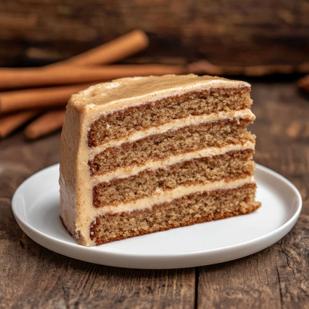 Slice of Snickerdoodle Cake with Cinnamon Frosting on a White Plate Beside Cinnamon Sticksの素材