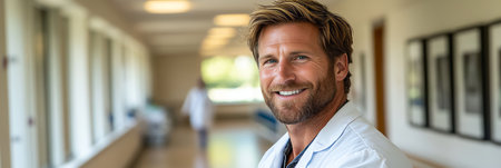Confident Male Doctor Smiling in Hospital Corridor, Healthcare and Medical Professional Portraitの素材