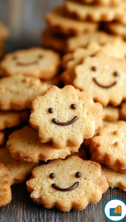 Pile of Delicious Smiling Face Sugar Cookies, Freshly Baked and Ready to Eat, Close Up Viewの素材