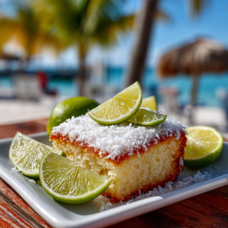 Tropical Coconut Lime Cake Slice on White Plate, Garnished with Lime Zest and Toasted Coconutの素材