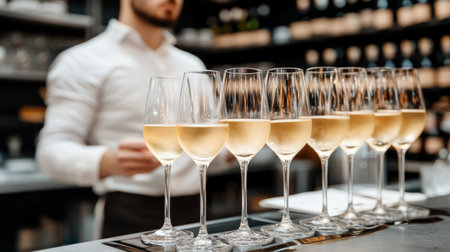 Wine Tasting. Line of Wineglasses with White Wine, Blurred View of a Sommelier and Wine Shelvesの素材