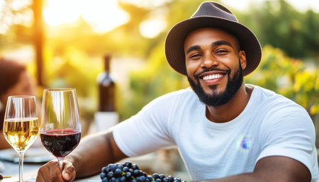 Stylish Man Enjoys Red Wine Tasting with Vineyards on Sunny Summer Day, Focus on Wineglassの素材