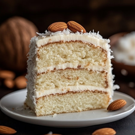Slice of Delicious Coconut Almond Cake on White Plate, Close Up with Almonds Scattered Aroundの素材
