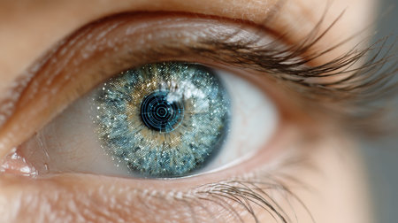 The Human Eye With A Futuristic Blue, Digital Design In The Center Over The Iris, Vision Of Futureの素材
