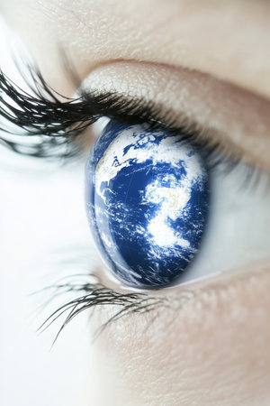World Map Reflection in Human Eye Global Vision, Environmental Awareness, World Sight Dayの素材