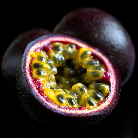 Ripe Passion Fruit with Yellow Flesh, Seeds Juicy Texture, Isolated on Black Backgroundの素材