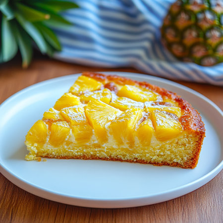 Delicious Slice of Homemade Pineapple Upside-Down Cake on Plate, Classic Summer Dessert Treatの素材