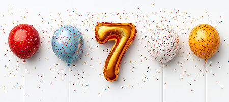 Golden Number Seven Balloon With Colorful Balloons and Confetti, Celebration of Seventh Birthdayの素材