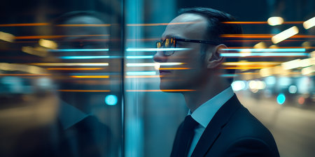 Thoughtful Businessman in City at Night, Reflections of Lights, Business Contemplationの素材