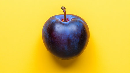 Ripe Juicy Plum, Isolated on Vibrant Yellow, Deep Purple Tones, Smooth Skin, Healthy Eatingの素材