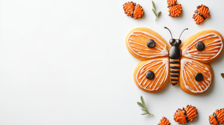 Butterfly Shaped Cookies With Orange Icing And Chocolate Sprinkles On A White Background.の素材