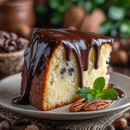 Slice of Chocolate Chip Pound Cake with Chocolate Ganache and Pecans on Rustic Kitchen Tableの素材