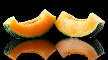 Slices of Refreshing Canary Melon, Isolated on Black Background, Vibrant Yellow Tones.の素材