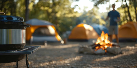 Young Man Enjoying Campfire, Campground Camping Adventure, Travel Lifestyle into Nature Concept.の素材