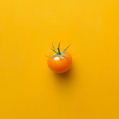 Single Orange Cherry Tomato Isolated on Vibrant Yellow Background, Minimalist Food Photographyの素材