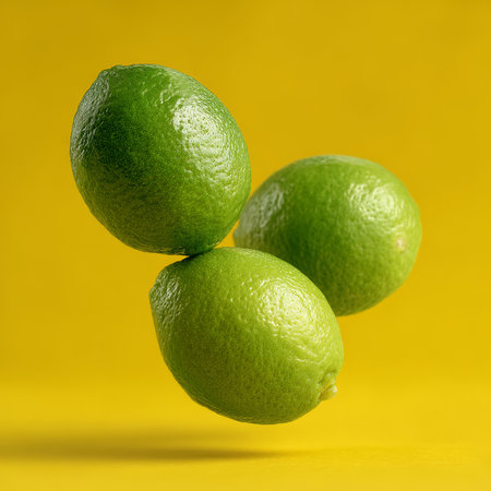 Three Vibrant Green Limes, Isolated on a Bold Yellow Background, Fresh Produce, Citrus Fruitの素材