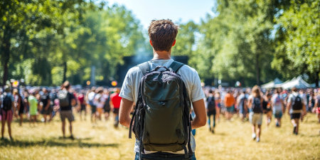 Young Man with Backpack at Outdoor Music Festival, Concert Stage and Crowd in Backgroundの素材