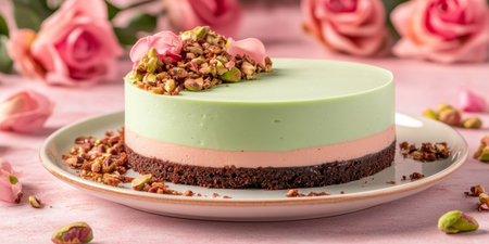 No-Bake Pistachio Rosewater Cheesecake on a Plate with Crushed Pistachios and Rose Decorationの素材