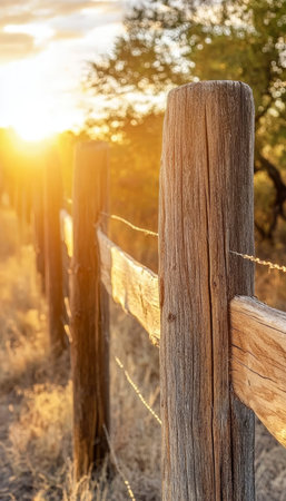 Golden Hour on the Ranch A Close-Up View of Weathered Fence Posts and Barbed Wire in Sunsetの素材