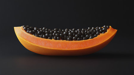Juicy, Ripe Papaya Slice Vibrant Orange Flesh, Black Seeds, on a Stark Black Backgroundの素材