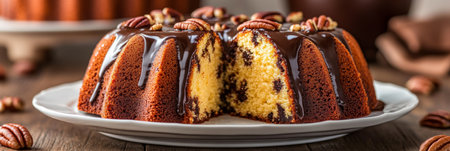 Sliced Chocolate Chip Bundt Cake with Chocolate Ganache and Pecan Nuts on Rustic Wooden Tableの素材