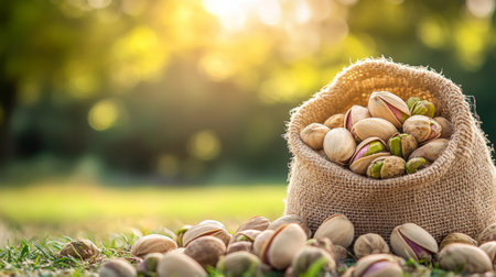 Open Burlap Sack Overflowing with Freshly Harvested Pistachios in a Sunny Nut Orchardの素材