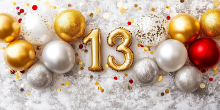 Golden Number 13 Balloon with Festive Balloons and Confetti for a Thirteenth Birthday Celebrationの素材