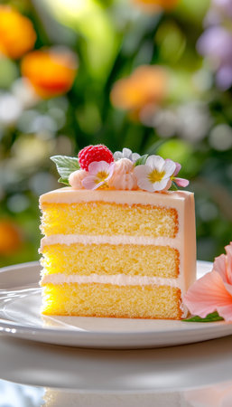 Summer Three Layer Lemon Cake Slice Decorated With Berry, Flower, On White Plate, Garden Backgroundの素材