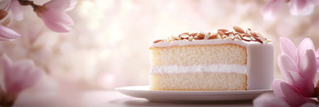 Close-up of Delectable Vanilla Almond Cake on a White Plate, Adorned with Soft Pink Flowersの素材