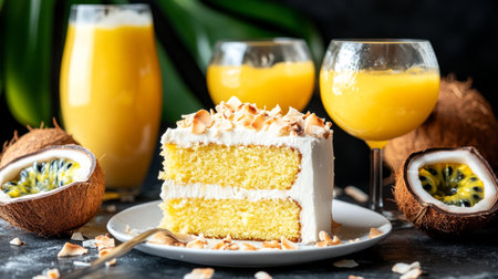 Slice of Coconut Cake with Toasted Coconut on White Plate, Passion Fruit, and Tropical Drinksの素材