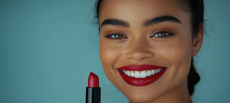 Portrait of a Beautiful Woman with Vibrant Red Lipstick and Flawless Skin on Teal Backgroundの素材