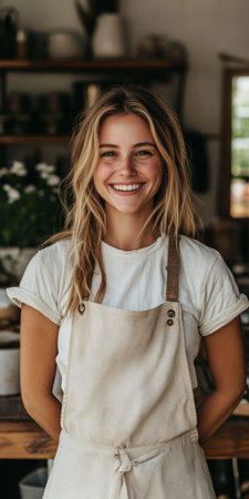 Portrait of a Happy Young Woman in Apron, Authentic Small Business Owner in Her Bakery Shopの素材
