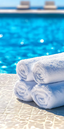 White, Fluffy Towels By The Sparkling Blue Swimming Pool, Vacation Relaxation Conceptの素材