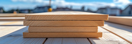 Stack of Sustainable Wooden Planks at a Construction Site. Eco-Friendly Building Materialsの素材